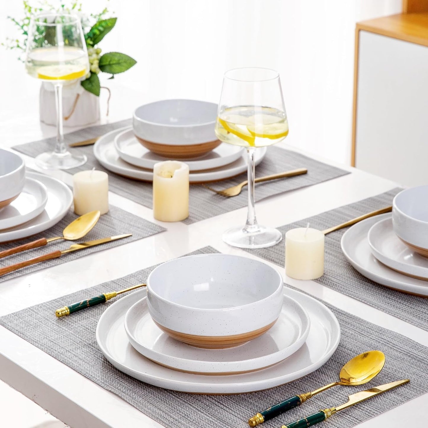AmorArc Ceramic Dinnerware Sets for 6, 18 Pieces Handpainted Plates and Bowls Set with Rustic Terracotta Underside, Scratch Resistant Stoneware Dishes Set, Dishwasher & Microwave Safe, White