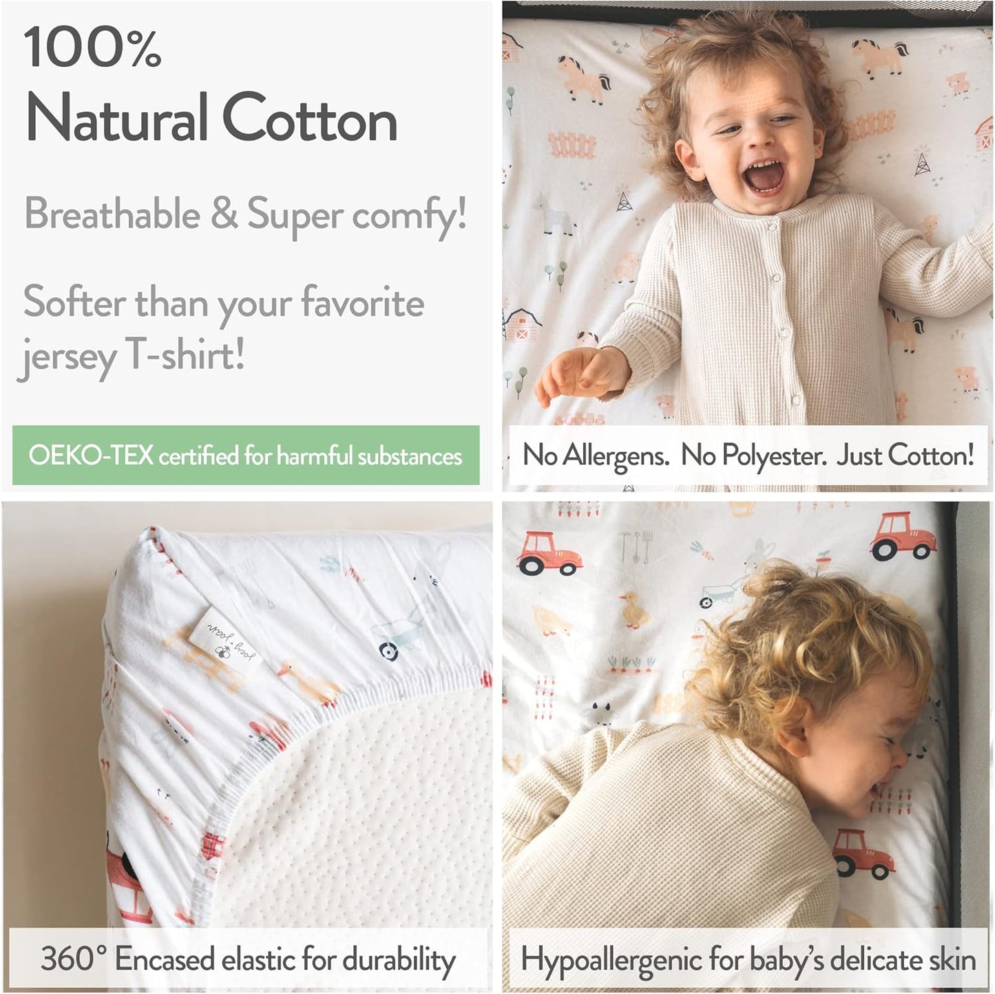 Travel Crib Fitted Sheets for Baby Bjorn, Guava Lotus Travel Crib and 24 x 42 Inch Travel Light Playard Mattress – Snuggly Soft 100% Jersey Cotton – Farm Animals – 2 Pack
