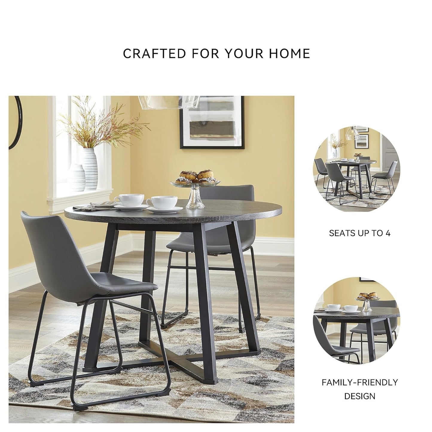 Signature Design by Ashley Centiar Mid Century Round Dining Room Table with Metal Legs, Gray & Black