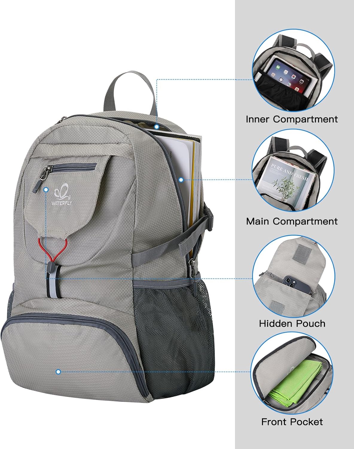 WATERFLY Small Lightweight Packable Backpack: 20l Ultra Light Foldable Travel Hiking Camping Daypack Day Pack for Man Woman