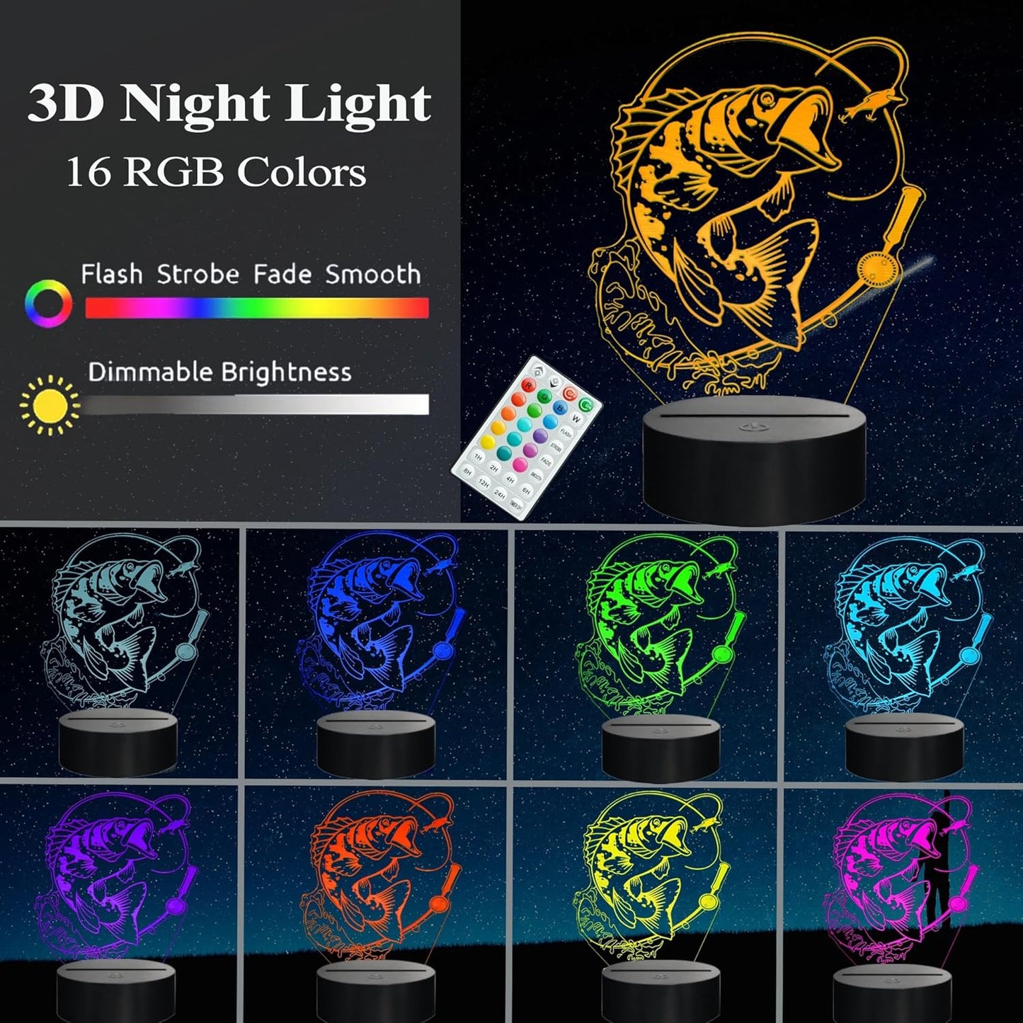 Fish Night Light, Fish 3D Illusion Lamp, Go Fishing Man Gifts with 16 Colors Changing, Timer, 4 Flash Modes and Dimmable, Kids Room Decoration, Xmas Fishing Gifts