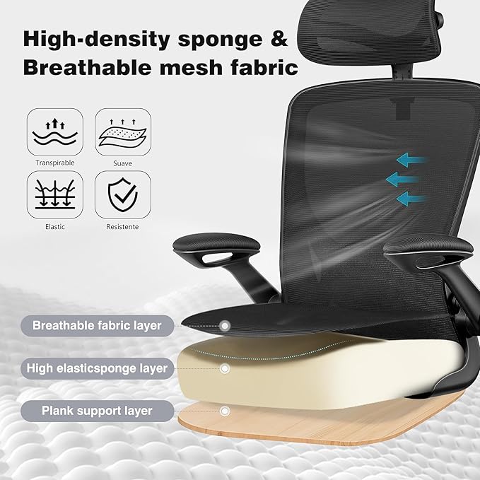 Ergonomic Office Desk Chair Comfy, High Back Mesh Office Desk Chairs with Adjustable Lumbar Support, Headrest, Flip-up Armrests, Home Computer Chair for Gaming, Work, Black