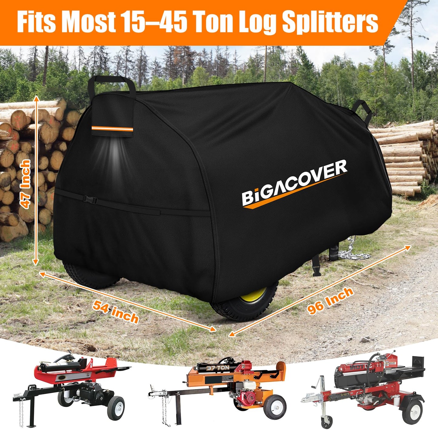 Log Splitter Cover for 15–45 Ton Log Splitters, Heavy Duty 1200D Oxford Fabric Waterproof Tear-Resistant Outdoor All Weather Wood Splitter Cover, 96" Lx54 Wx47 H(Packaging Varies – Product Unchanged)