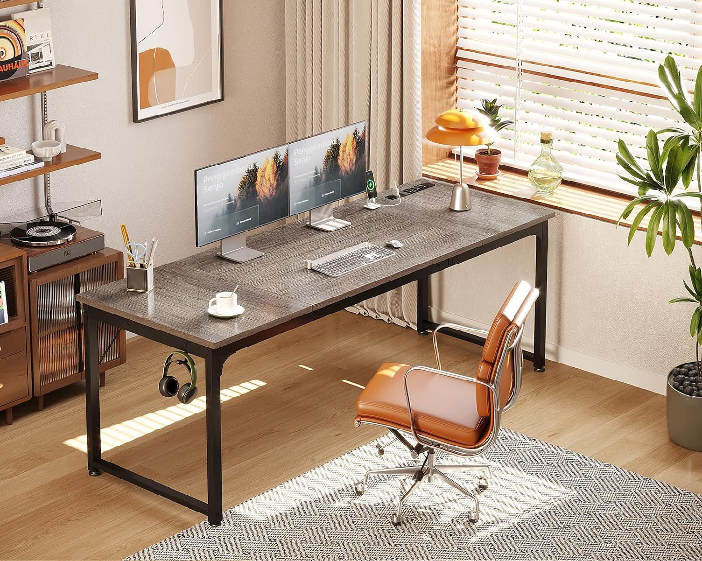 Coleshome 71 x 24 Inch Computer Desk with USB Ports, Large Office Desk, Long Study Student Writing Desk, Grey Oak