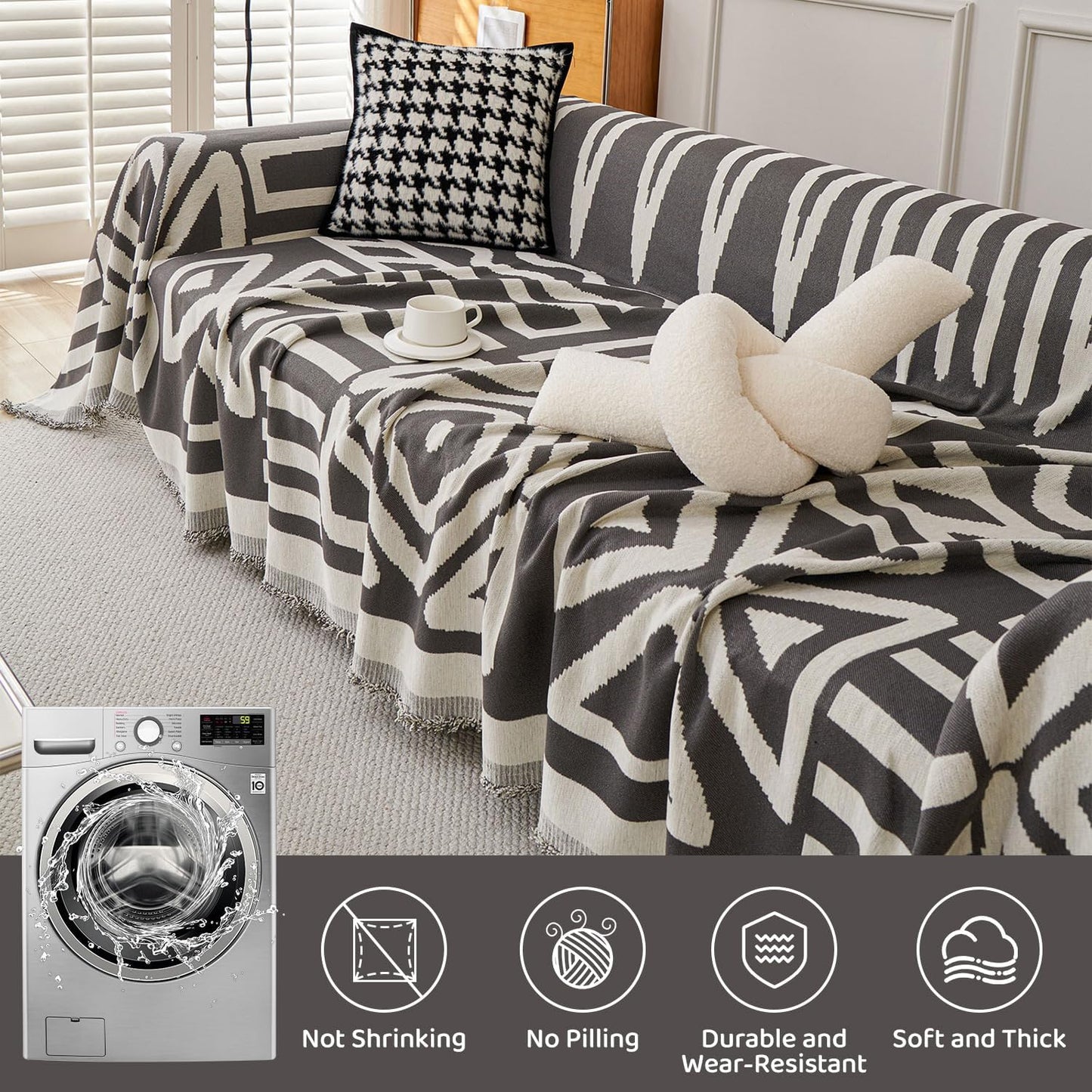 STACYPIK Boho Geometric Dark Grey Sofa Cover Chenille Couch Cover for Dogs Washable Armchair Slipcover for Living Room Sectional Sofa Cover for 2 Cushion Couch Sofa Jacquard Sofa Cover Decor-71X90IN