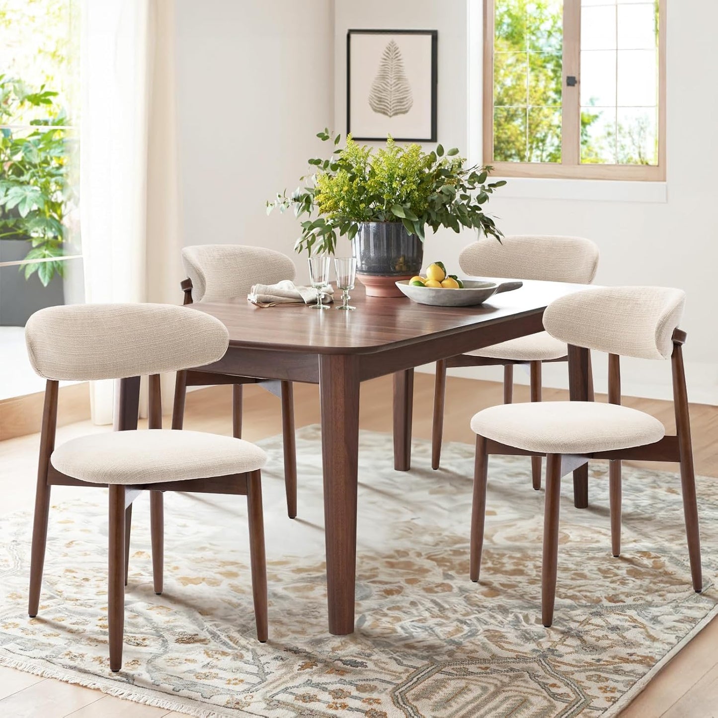 COLAMY Wooden Dining Chairs Set of 2, Modern Fabric Upholstered Kitchen Side Chairs, Farmhouse Dining Room Chair with Foot Pegs, Beige