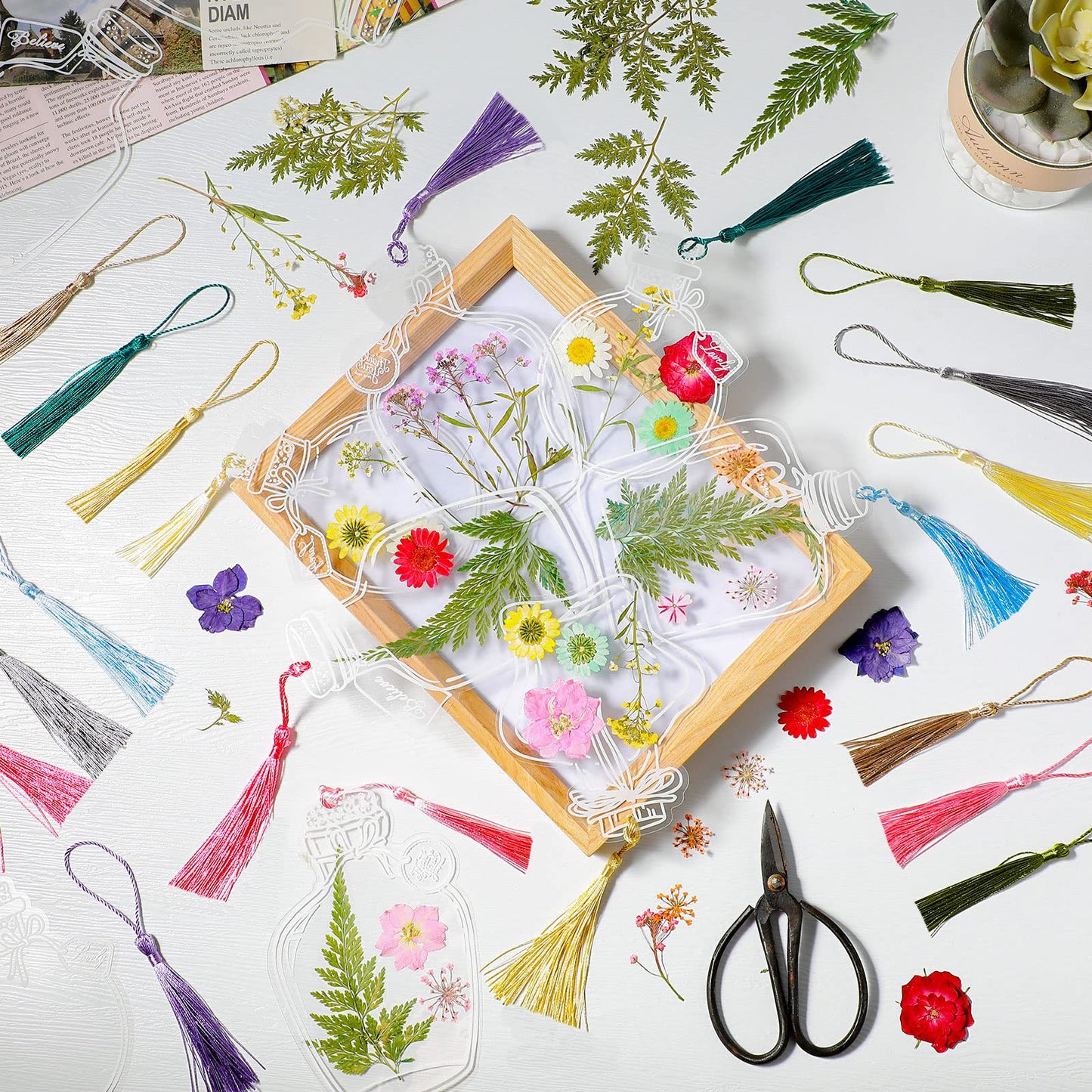 TaoBary 91 Pcs DIY Handmade Transparent Dried Flower Bookmark Set Include Butterflies Clear Bookmarks Dried Flowers Colorful Tassels and Tweezer for Book Bottle Supplies(Classic Color)