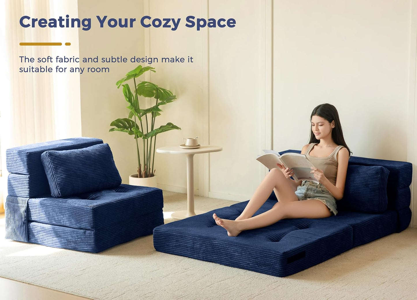 MAXYOYO Convertible Sofa Bed, Fold Out Sleeper Sofa with Pillow, 4 in 1 Tufted Folding Couch Bed Foam Floor Couch, Lazy Chair for Living Room Bedroom Guest Room, Navy