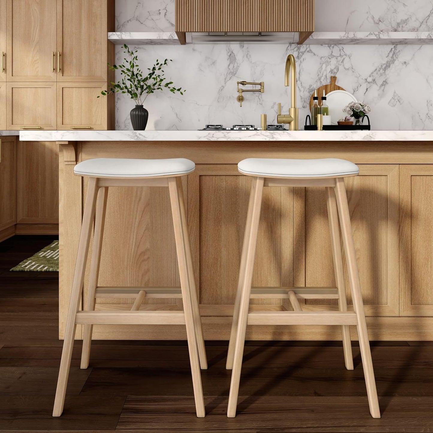 Plank+Beam Beryl Bar Height Stool - Mid-Century Modern Rubberwood Bar Stool with Faux Leather Seat, Metal Footrest, Easy Assembly, 4-Pack, Blonde/Sesame