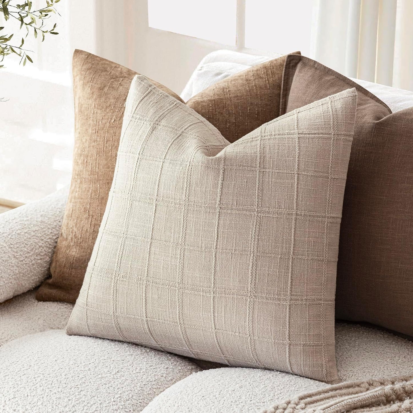 Foindtower Set of 2 Decorative Linen Check Throw Pillow Covers Neutral Farmhouse Vintage Cushion Covers Modern Boho Home Decor For Sofa Chair Couch Bedroom Living Room Outdoor,18×18 Inch,Natural Linen