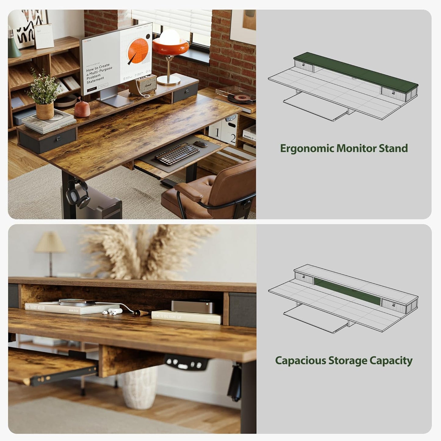 Agilestic Electric Standing Desk with 2 Drawers and Keyboard Tray, 63 x 24 Inches Ergonomic Adjustable Height Desk with Storage, Sit Stand up Computer Workstation, Rustic Brown