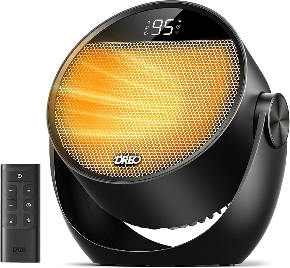 Dreo Space Heater 1500W, 60° Adjustable Tilt, 10.5ft/s Portable Electric Heaters for Indoor Use with Thermostat, 8 Safety Protections, 3 Modes, Remote, Quiet Desk Heater for Bedroom, Office, Black