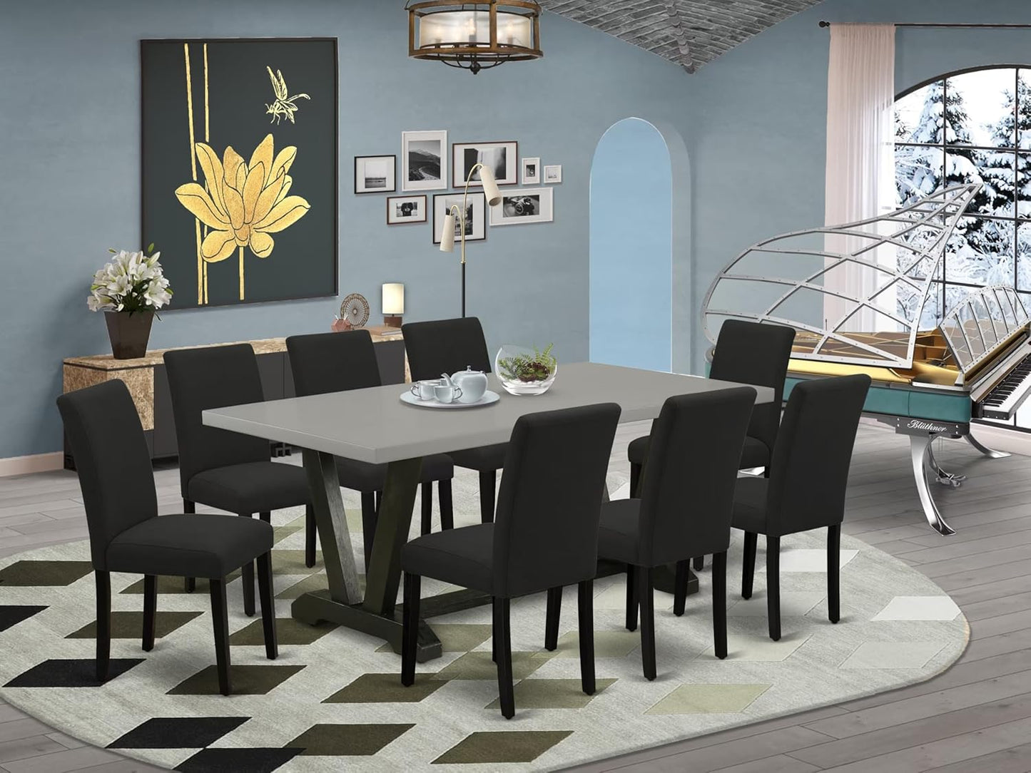 East West Furniture V697AB624-9 9 Piece Dining Room Table Set Includes a Rectangle Kitchen Table with V-Legs and 8 Black Color Linen Fabric Parson Dining Chairs, 40x72 Inch, Multi-Color
