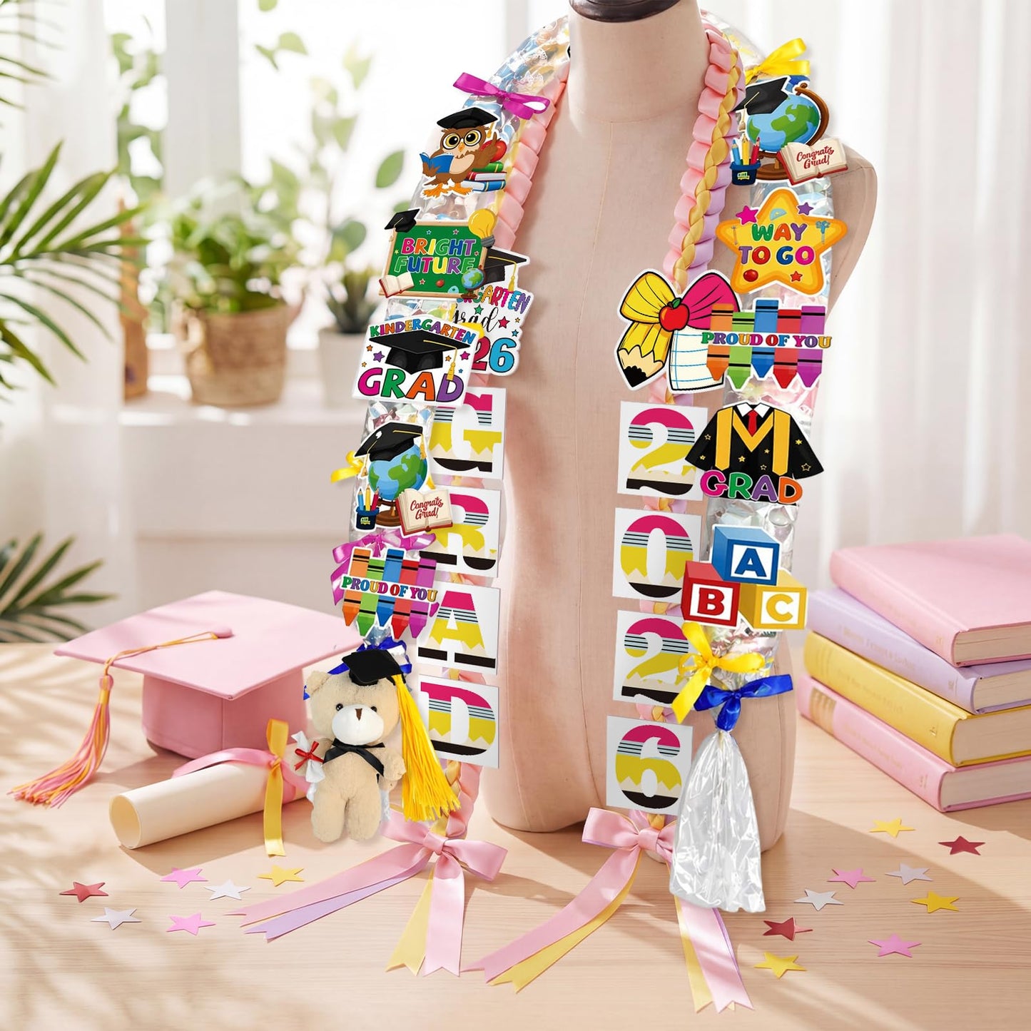 Craftsatin 28 Pcs Ribbon Kindergarten Graduation Candy Lei Making Kit, Class of 2026 Tubing Include 12 Candy Lei Bag 3 Rolls Ribbon 11 Cards and Bear Keychain for Preschool Grad Party Gift DIY Wreath