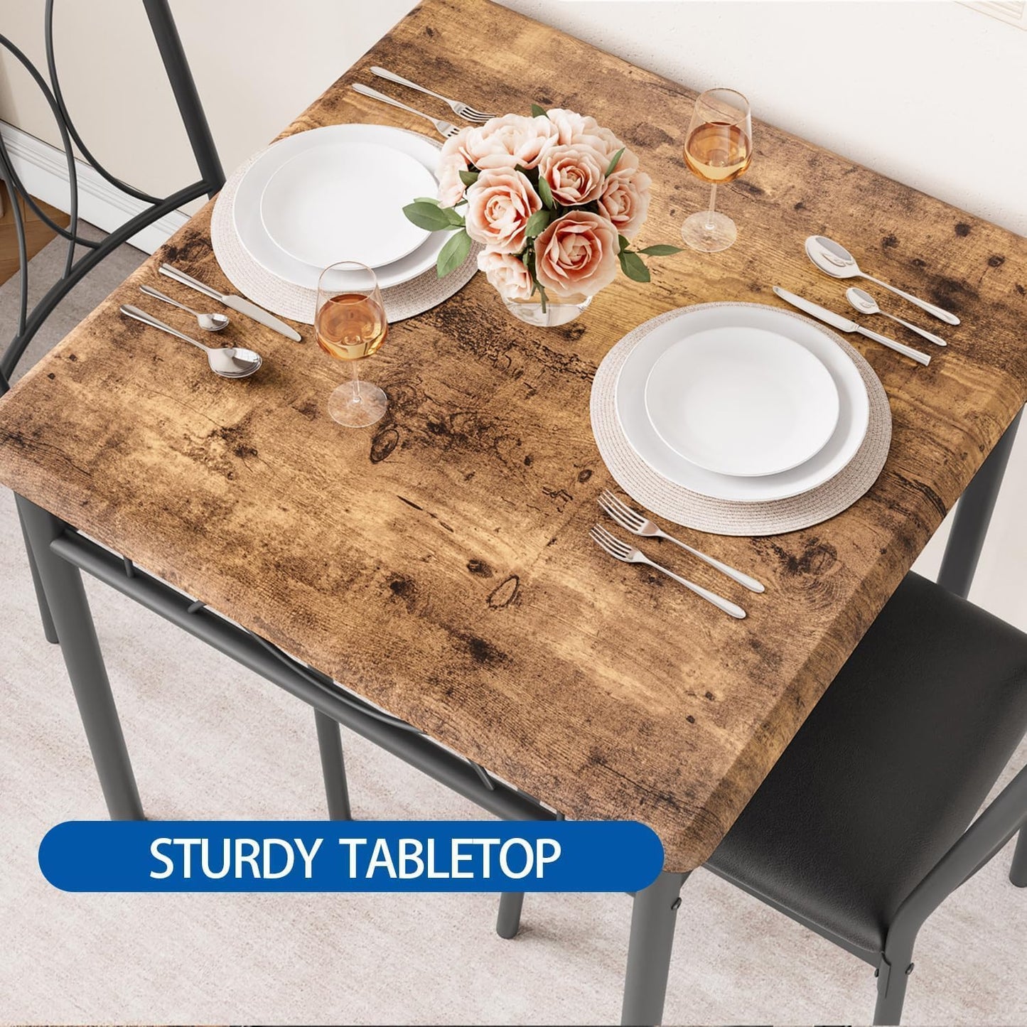 IDEALHOUSE Dining Table Set for 2, Square 3 Piece Kitchen Room Sets with 2 Upholstered Chairs, Compact Dining Room Table Set for Apartment, Small Space, Retro Brown