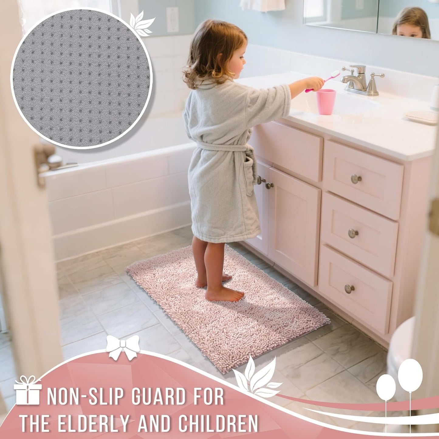 Yimobra Large Bathroom Rug Non Slip 36x24 Inch, Extra Thick Soft Absorbent Chenille Bath Mat, Machine Washable Quick Dry Bath Rugs for Bathroom Floor, Tub and Shower, Home Decor Accessories, Pink