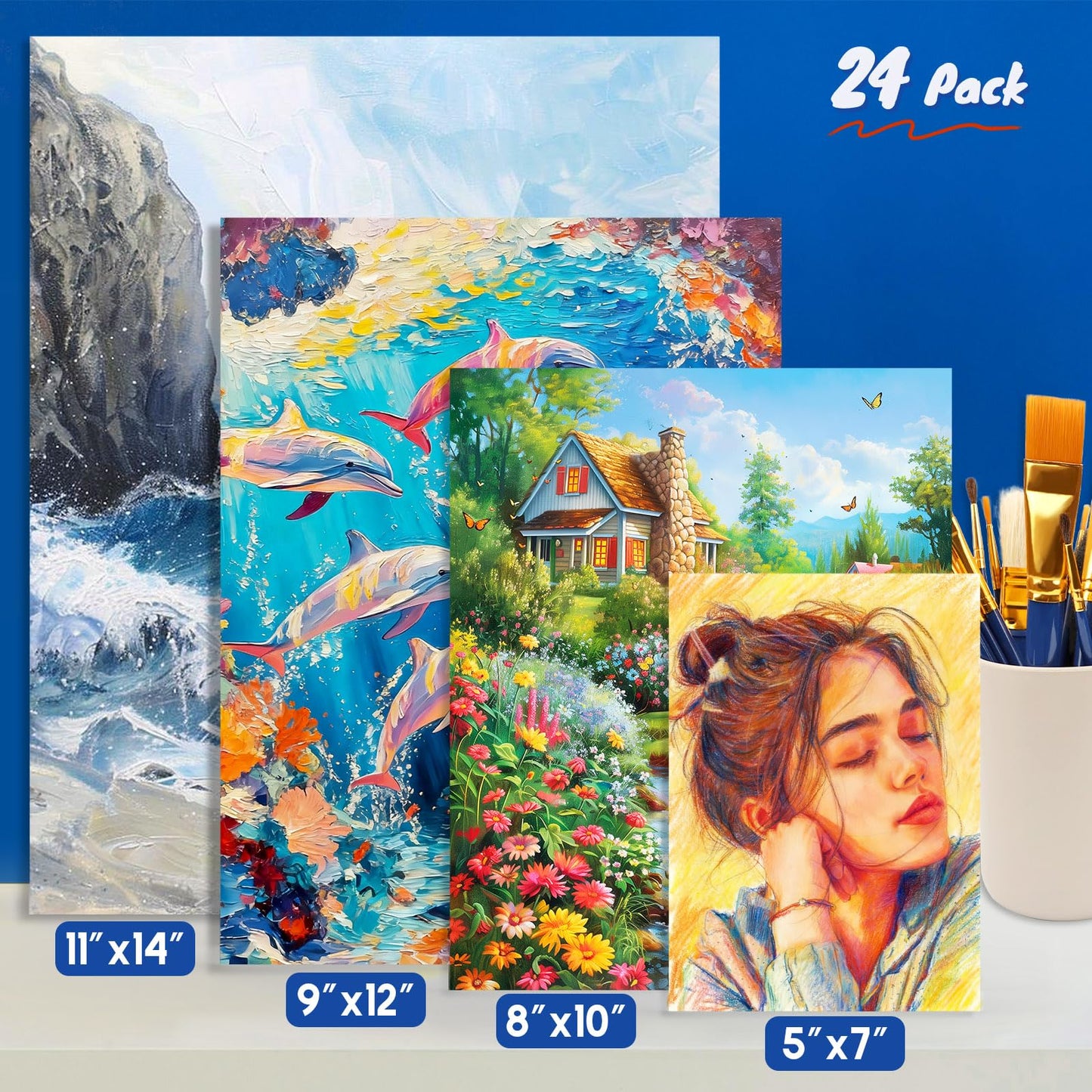 Halobios 24-Pack Canvas Boards for Painting, 6 of 5x7 8x10 9x12 11x14 Canvas Panels for Kid & Adults 100% Cotton Gesso Primed Art Painting Supplies for Acrylic, Oil, Tempera & Watercolor