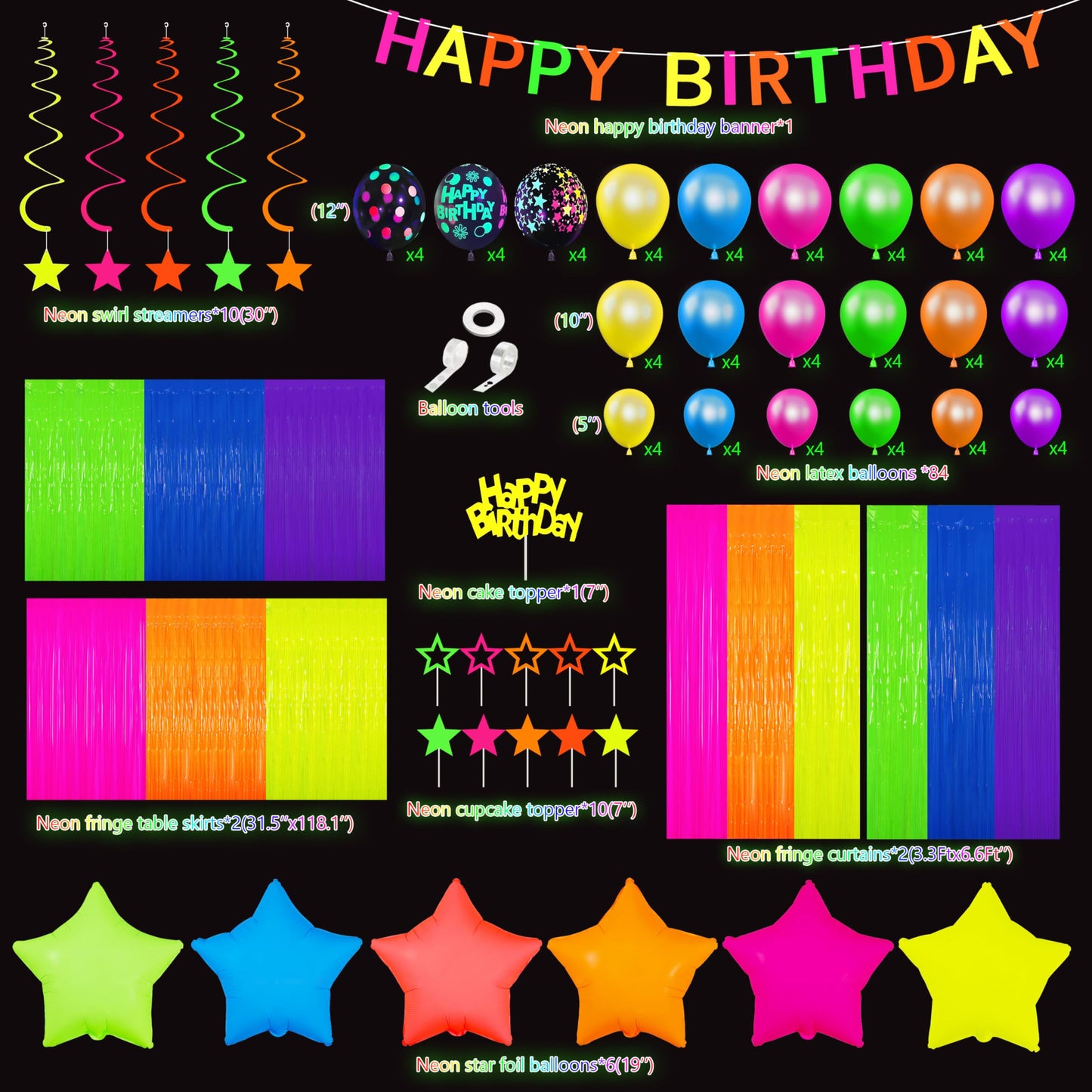 Glow in The Dark Party Supplies Kit - Neon Birthday Decorations with Balloon Garland Arch, Fluorescent Tinsel Curtains, Star Swirls, Cake Toppers & Table Skirt (100+ Pieces)