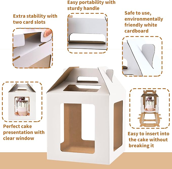 Cake Box with Windows and Handle, 10x10x10 inches, Tall Cake Carrier for Tiered Cakes, White