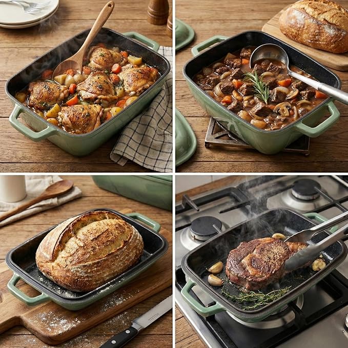 Cast Iron Dutch Oven for Bread Baking 12x8 Inch Enameled Bread Oven with Lid 6QT Cast Iron Bread Dutch Oven for Sourdough，Green