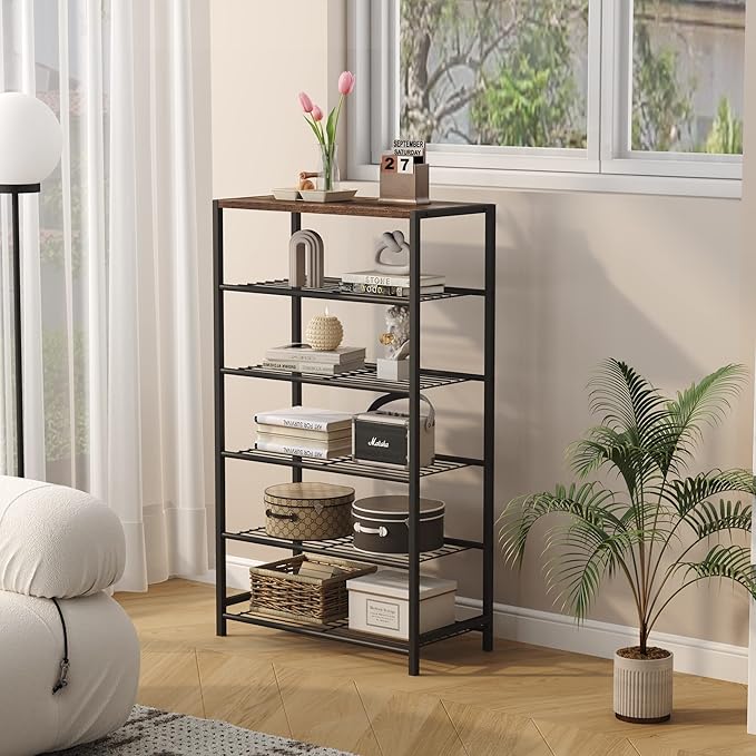 HOMEFORT Shoe Rack 6-Tier, Shoe Storage Shelf, Industrial Shoe Tower, Narrow Shoe Organizer for Closet Entryway, Small Shoe Rack Table with Durable Metal Shelves, Rustic Brown