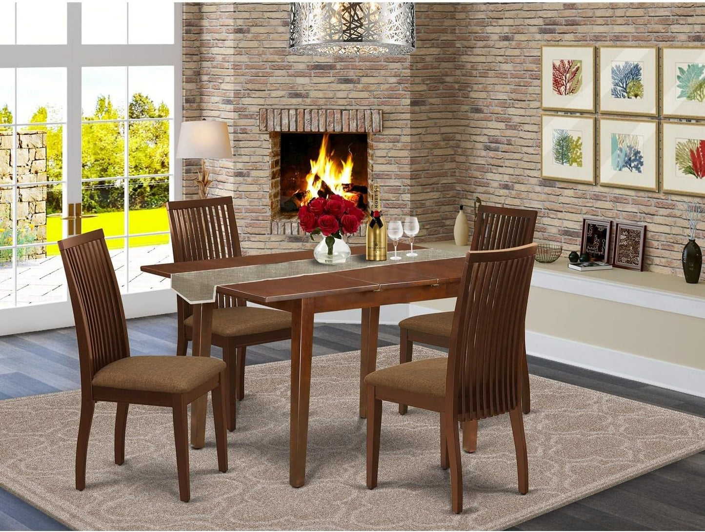 East West Furniture PSIP5-MAH-C 5 Piece Dining Table Set for 4 Includes a Rectangle Kitchen Table with Butterfly Leaf and 4 Linen Fabric Kitchen Dining Chairs, 32x60 Inch, Mahogany