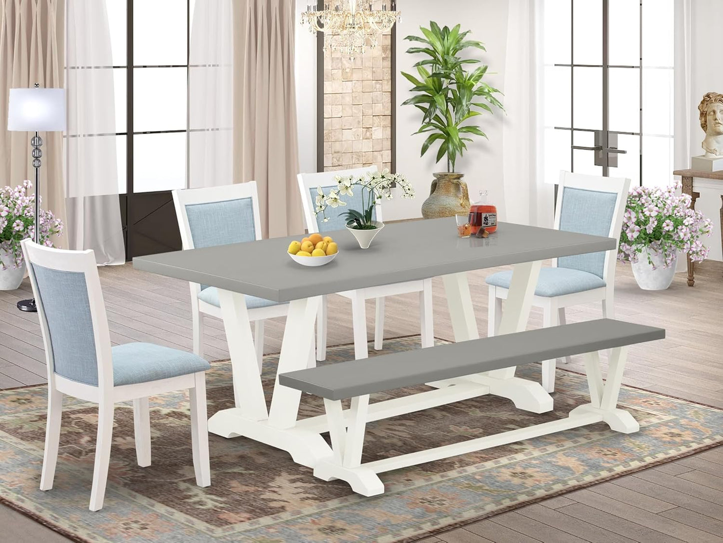 East West Furniture V097MZ015-6 6 Piece Dining Table Set Contains a Rectangle Dining Room Table and 4 Baby Blue Linen Fabric Parson Chairs with a Bench, 40x72 Inch, Multi-Color