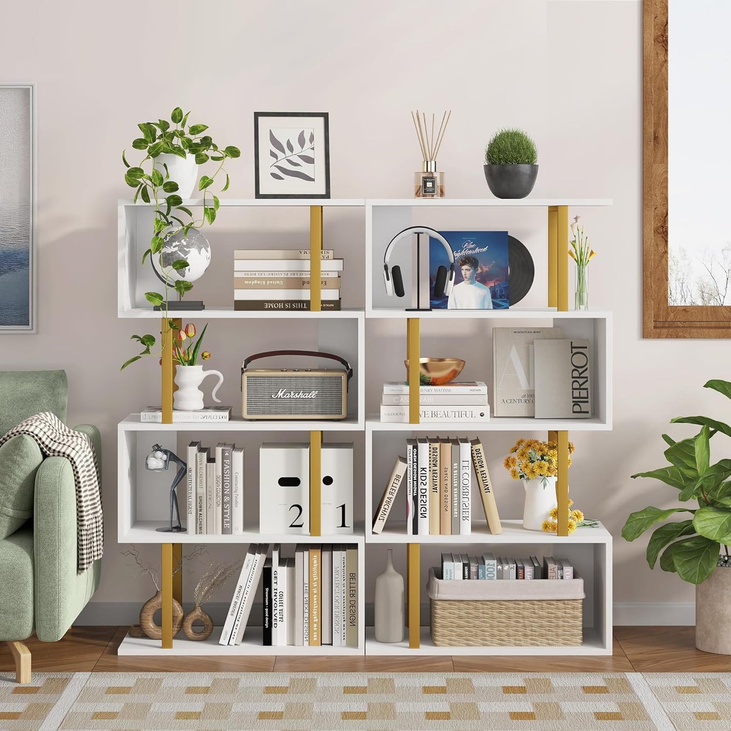 Yusong Geometric Bookcase, S Shaped Bookshelf 4-Tier Book Shelves for Bedroom, Modern Wood Decorative Display Shelf Tall Book Case for Home Office, Gold and White
