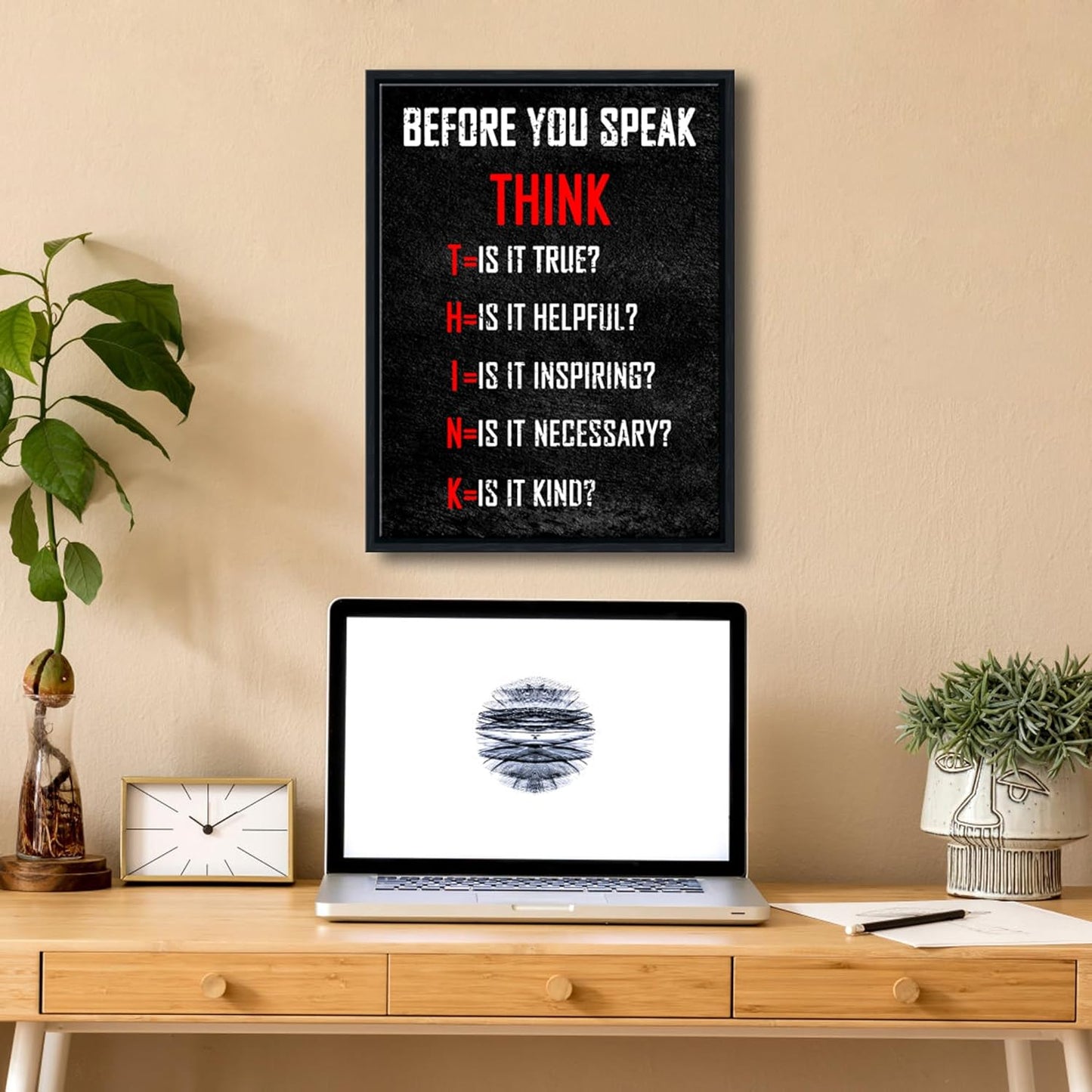 Pyradecor Black Framed Wall Art Inspirational Poster Canvas Prints Motivational Think Before You Speak Classroom Positive Quotes for Office Living Room Home Decorations