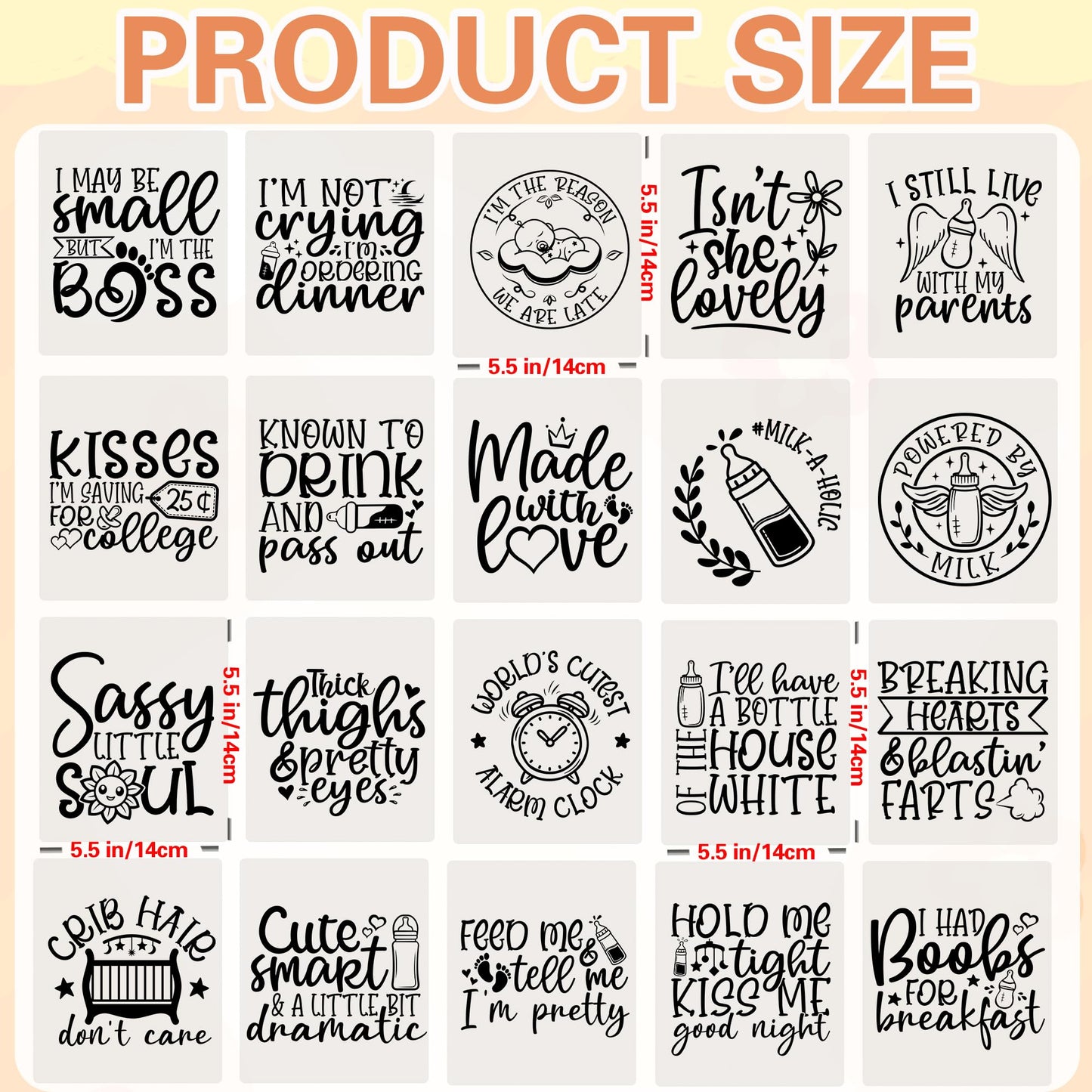 20 Pcs 5.5 Inch Vinyl DTF Heat Transfers for Baby Clothes with Funny Quote Designs for Onesies Bodysuits Bibs and DIY Shower Gifts