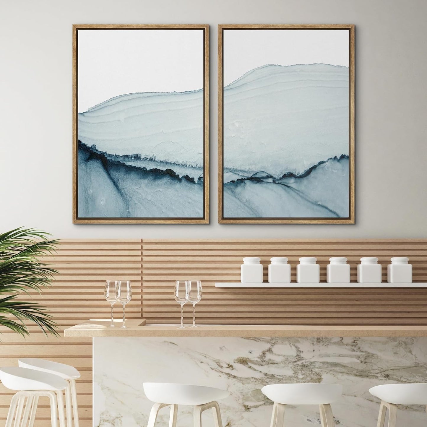 SIGNWIN Framed Wall Art Print Set Blue Paint Stroke Wave Collage Abstract Shapes Illustrations Modern Art Rustic Relax/Calm Multicolor for Living Room, Bedroom, Office - 24"x36"x2 Natural
