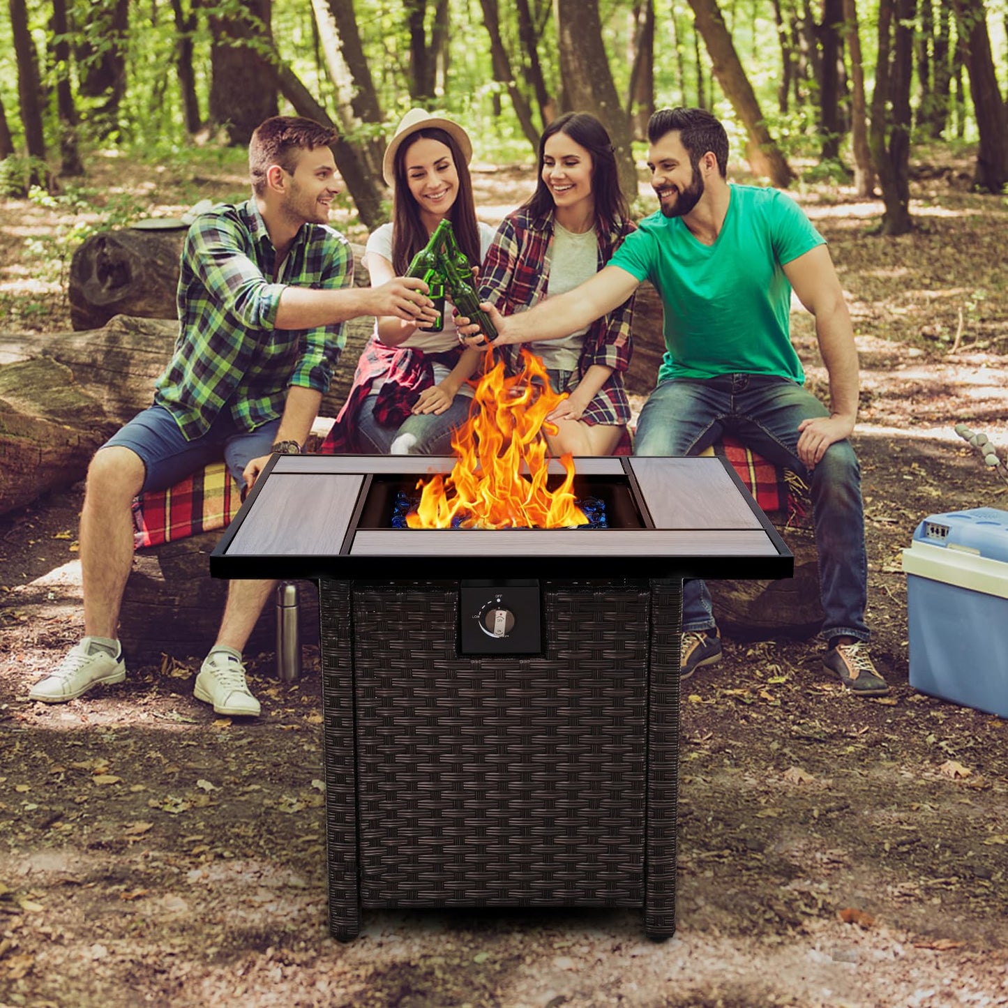 Outdoor Propane Fire Pit, 30 Inch PE Wicker Patio Firepit Table with Fire Glass for Outside Parties and Gatherings on Garden Backyard Porch