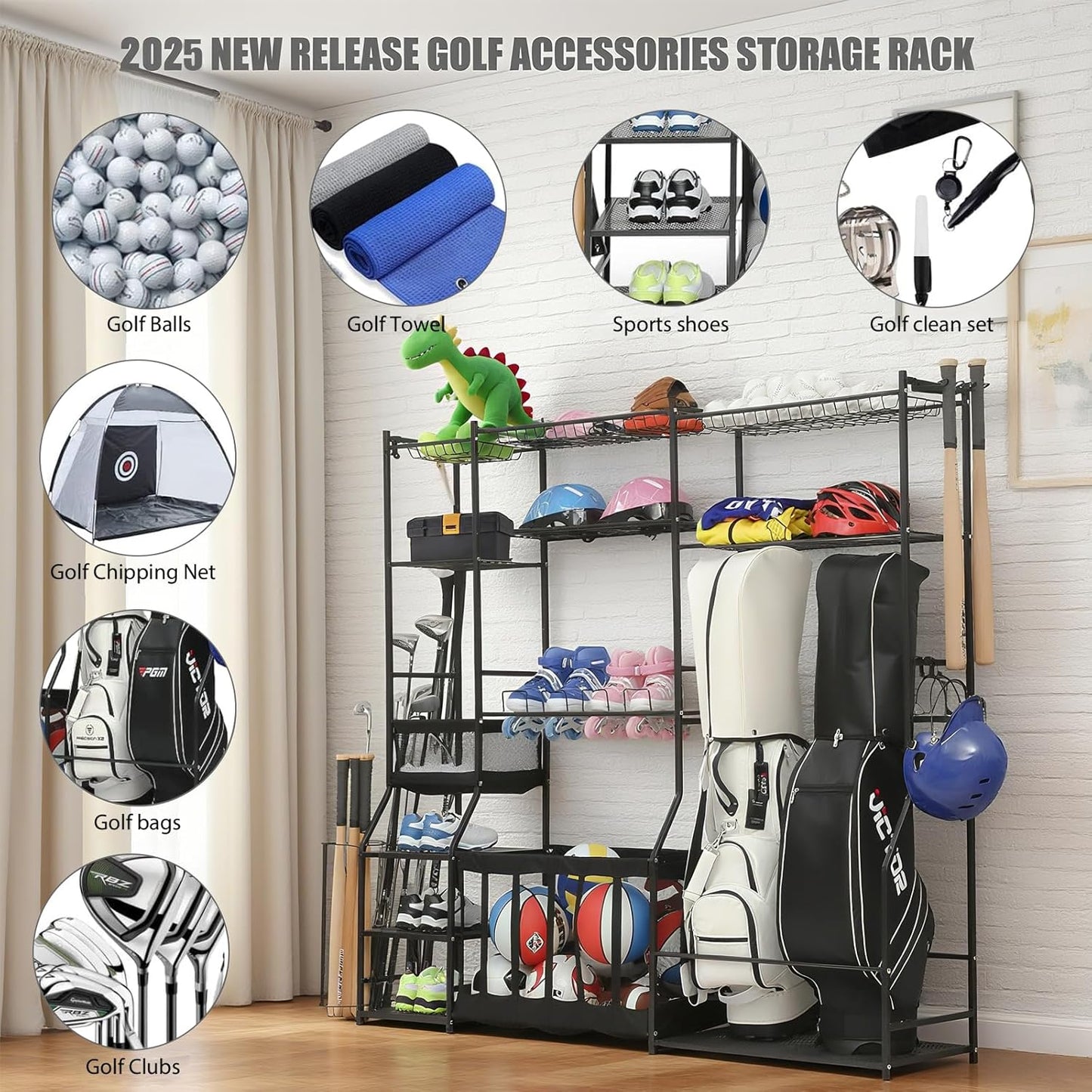 Garage Sports Equipment Organizer, golf bag storage, Ball Storage, Upgraded Sports Organizer Rack for Balls with Holder and Hooks, Indoor/Outdoor Basketball Storage Bins for Toy Sports Gear Storage.