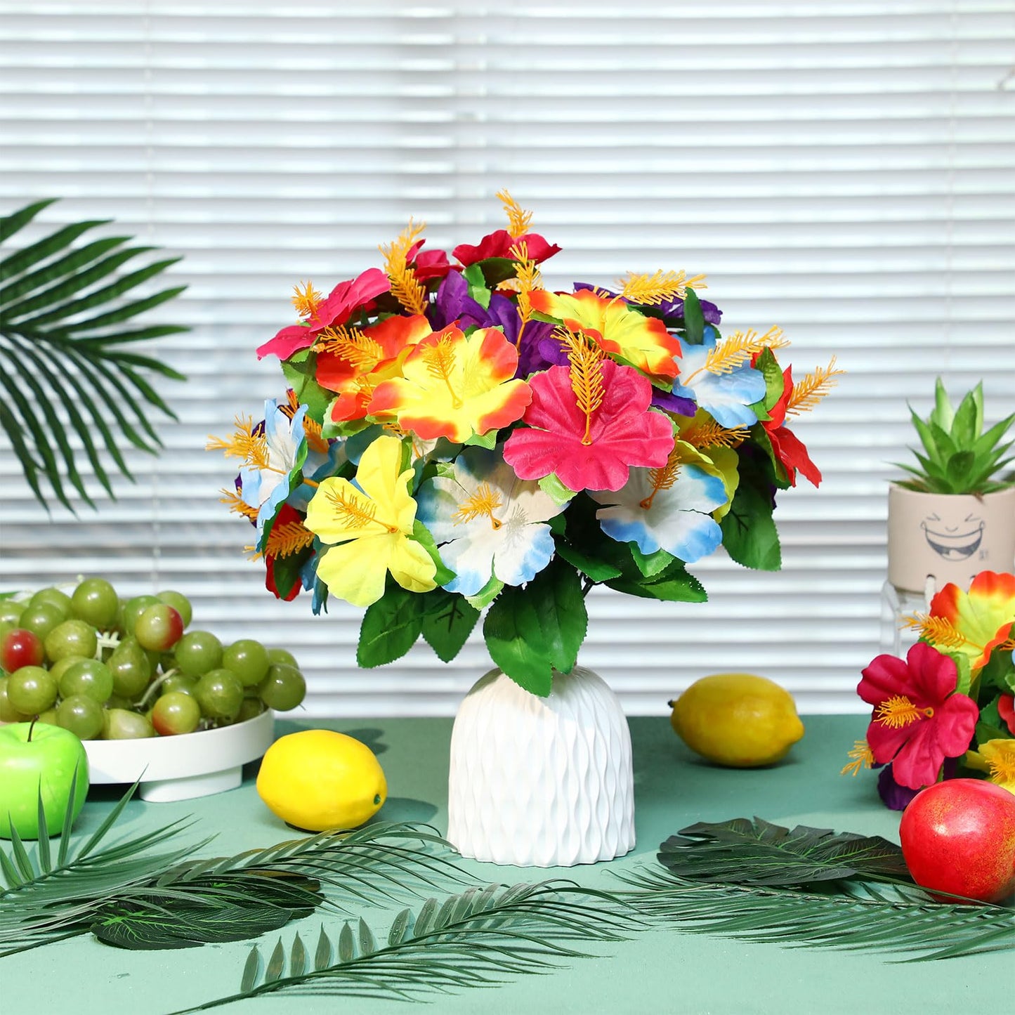 Hotop 6 Pcs Hawaiian Flower Bouquet for Tables Faux Hibiscus Flowers Bouquet Artificial Fake Tropical Flowers for Luau Summer Themed Party Favors Home Office Garden Decoration Supplies