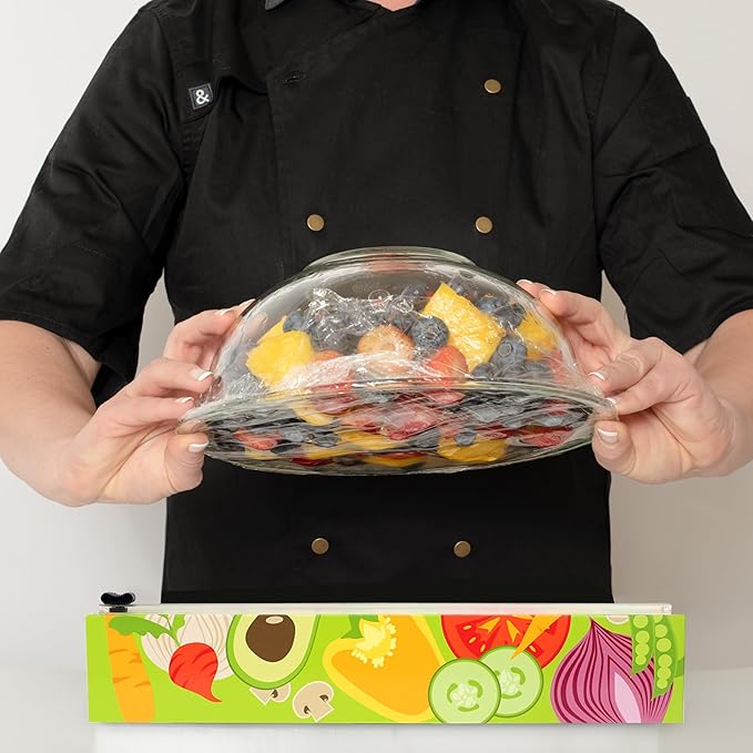 Chicwrap Veggies Refillable Plastic Wrap Dispenser - Includes One 12" x 250' Roll of Professional Grade Plastic Wrap - BPA Free and Kosher Certified - Reusable Dispenser w/Slide Cutter