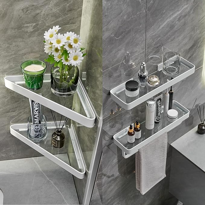 VOLPONE Bathroom Shelves Wall Mounted Glass Corner Shelf for Bathroom Floating Shelf Tempered Glass Wall Organizer 2-Tier(White)
