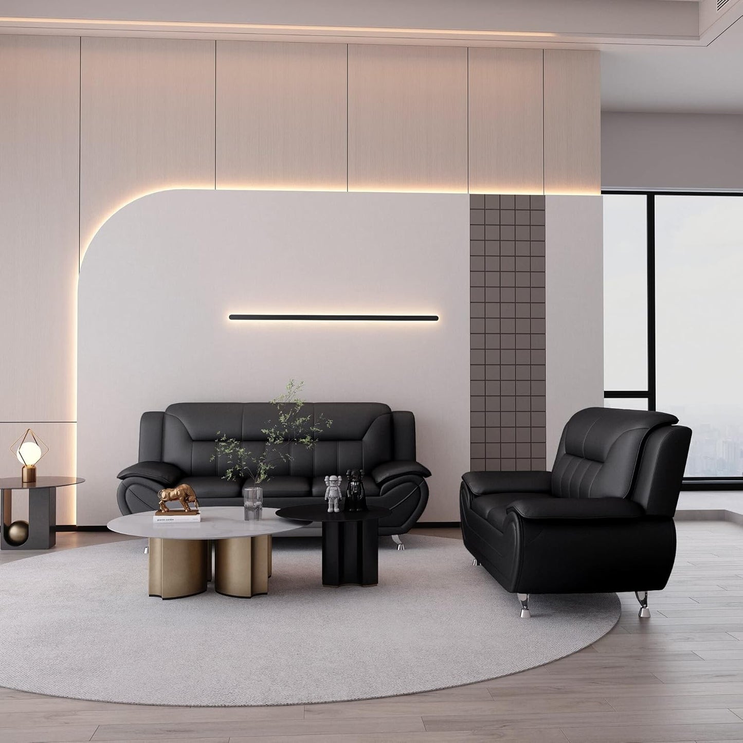 Container Furniture Direct Michael Modern Faux Leather Upholstered Stainless Steel Legs Living Room Sofa, Loveseat, Black