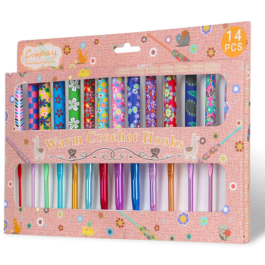 Coopay 14pcs New Warm Crochet Hooks for Beginner Crochet Hook Set, 2mm to 10mm Art Aluminum Comfy Grip Crocheting Needle Knitting Supplies Christmas Crocheting Gifts for Crocheters, Best Gift