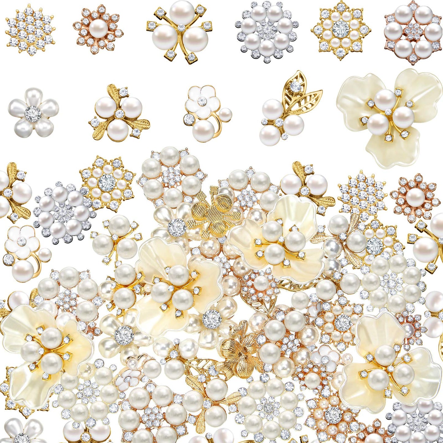 Hicarer 44 Pieces Pearl Rhinestone Buttons Rhinestone Faux Pearl Embellishments Brooch Alloy Floral Pendants for Jewelry Making Party Wedding Bridal Bouquet DIY Home Decoration(Gold)