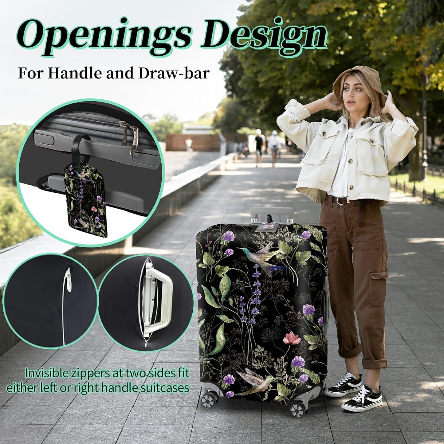 Luggage Cover Suitcase Protector + Luggage Tag, Wild Flowers Hummingbird Travel Suitcase Cover for 22-24 inch Luggage (M) with Concealed Zipper Washable Elastic Cloth Dustproof Anti-Scratch