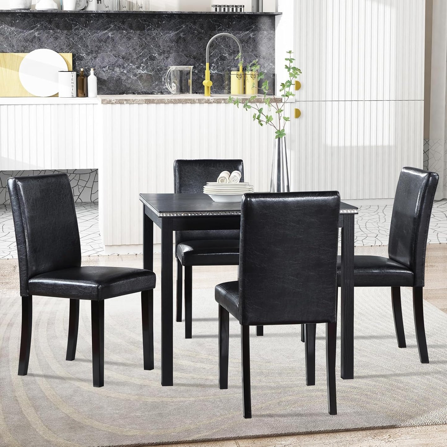 KEIKI 5-Piece Standard Height Dining Table Set with Square Table and 4 Upholstered Chair, for 4 Person, Classic Crystal Decoration Wood Table Set, Easy Assembly, for Kitchen, Dining Room, Black