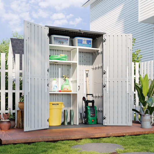 Aoxun Outdoor Resin Storage Shed with Metal Shelving Kit & Floor, 64 Cu.Ft Vertical Waterproof Storage Cabinet for Garage, Pool, Bike, Garden Tools, Patio Furniture (White)