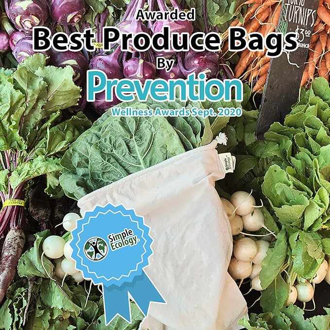 Simple Ecology Reusable Grocery Produce Shopping and Storage Bags, Organic Cotton Muslin, Medium 3 pack