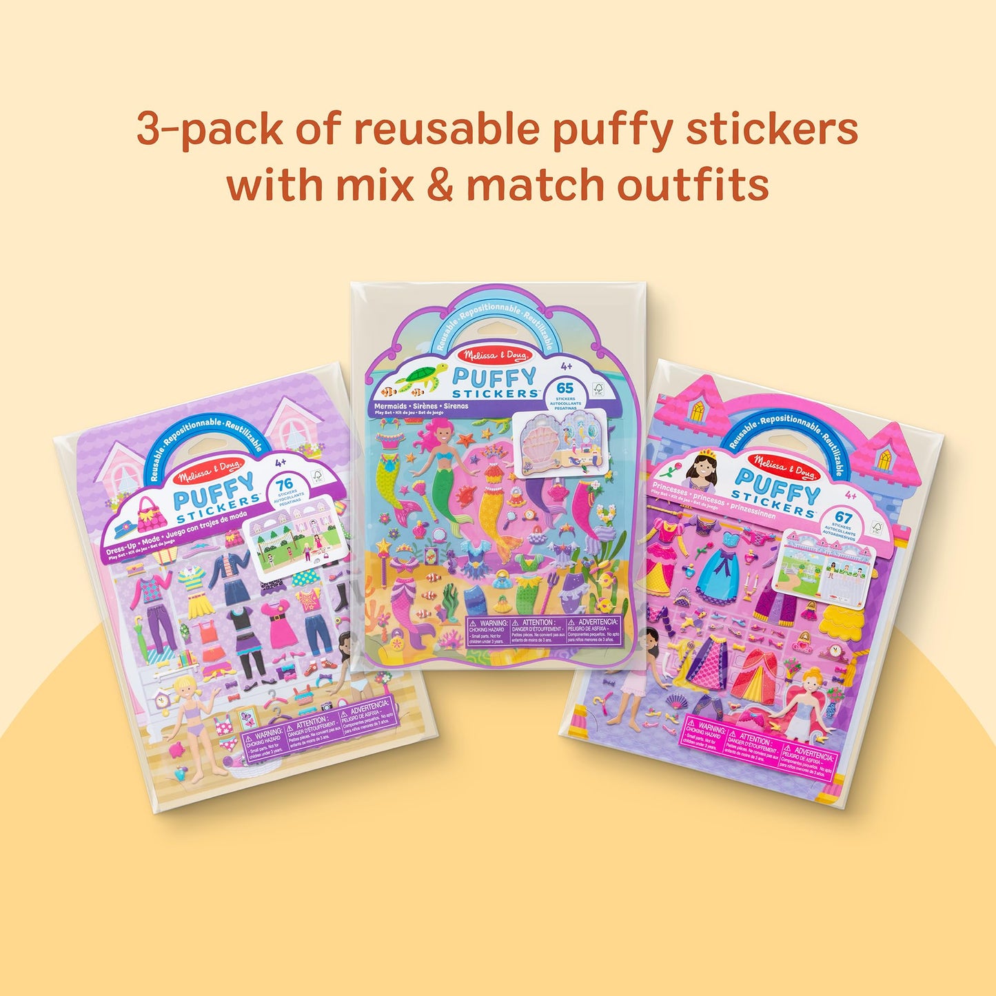 Melissa & Doug Puffy Sticker Activity Books Set of 3 – Dress-Up, Princess & Mermaid, with 208 Reusable Stickers and Fold-Out Scenes, Mess-Free Travel Toys for Kids Ages 4+ - FSC Certified
