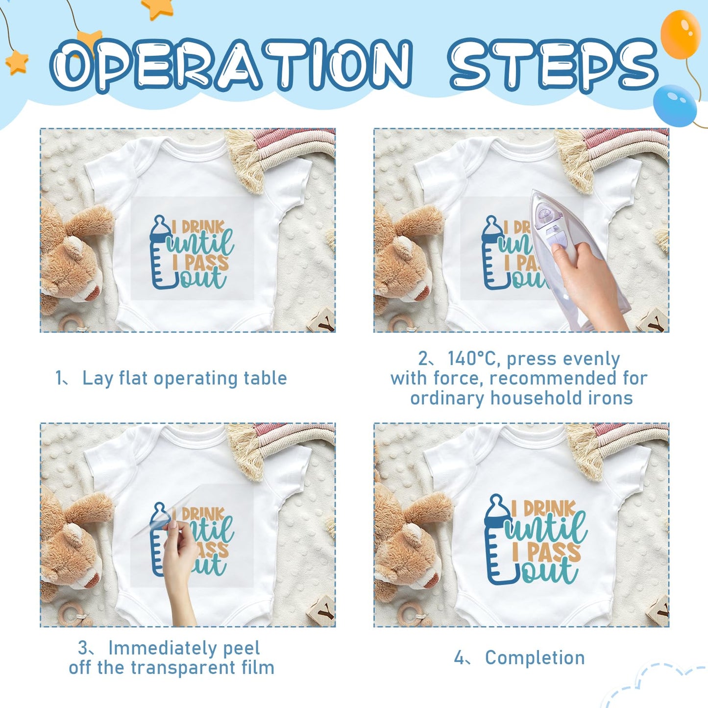 Dazoratix Baby Heat Transfer Stickers - 30 Sheets Ready to Press Blue Iron on Transfers Designs Decals Onesie Decorating Kit for Boys Shower Gender Reveal Party Bodysuit T-Shirts Clothing DIY Applique