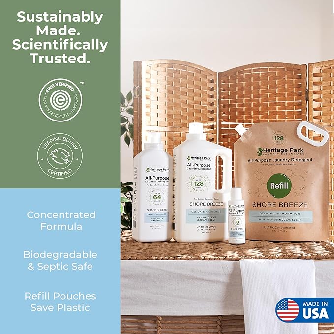 Heritage Park Luxury Laundry Detergent | Dermatologist Tested Plant based Natural & Enzyme Laundry Detergent | Sensitive Skin Friendly - Shore Breeze (4 fl oz Trial Size)