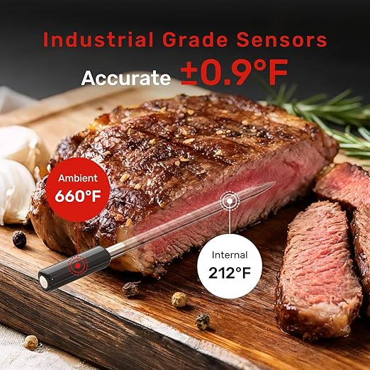 Pro WiFi Wireless Meat Thermometer, Smart App Monitoring, Meat Probe Thermometer, IP67 Waterproof, Digital Wireless Meat Thermometer for BBQ, Oven, Grill, Smoker