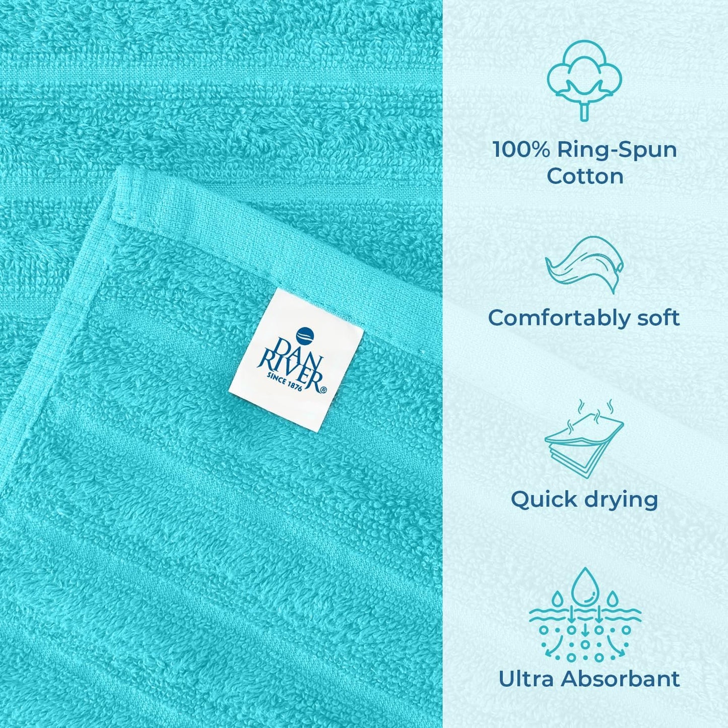 DAN RIVER Pack of 2 Bath Sheet 35x70 Inches, Ribbed Jumbo Bath Sheets for Adults, Thick and Absorbent Large Towels - Aqua