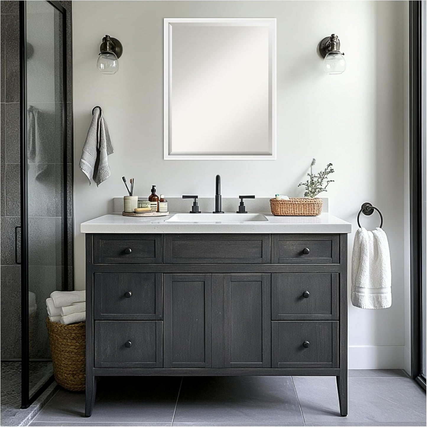 Amanti Art White Bathroom Mirror for Over Sink, 24x30 Incline White Rectangle Vanity Mirror, Large Modern Contemporary Wood Frame, Hangs Horizonally and Vertically, Bathroom Wall Decor, Beveled Edge