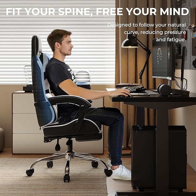 Dowinx Ergonomic Gaming Chair with Footrest, Heavy Duty 330lbs Office Chair, Massage Lumbar Support, Adjustable Height & Headrest Pillow, Comfortable for Back Pain Relief Streaming Long Gaming White